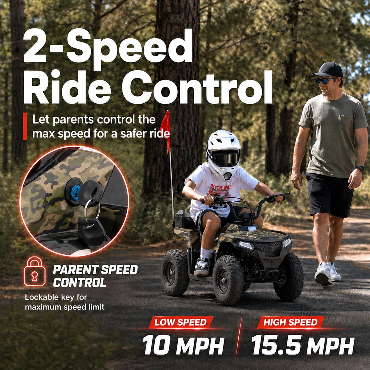 Aoemoe 40cc 4-Stroke Youth Ride-On for Ages 13+, Fuel Powered Pull Start with Front & Rear Disc Brakes, Adjustable Top Speed Up to 15 MPH, Safety Flag & Parental Speed Control, Green Camo