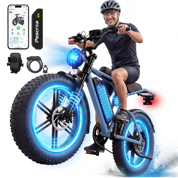 750W Motor Ebike for Adult, Pescroa Electric Bike for Adult, 28MPH, Adult Electric Bicycles with 130Miles Range APP Control, 2Pack 48V 15Ah Removable Battery Electric Bike with 500LBS Max Weight