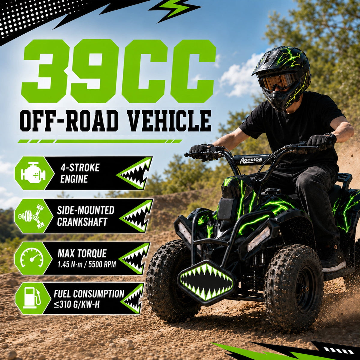 40cc Teen Gas ATV, Gas Powered 4 Wheeler for Teens 13+, 4-Stroke Beginner ATV, Up to 15 MPH, Adjustable Speed, Safety Switches, Front & Rear Brakes - Green