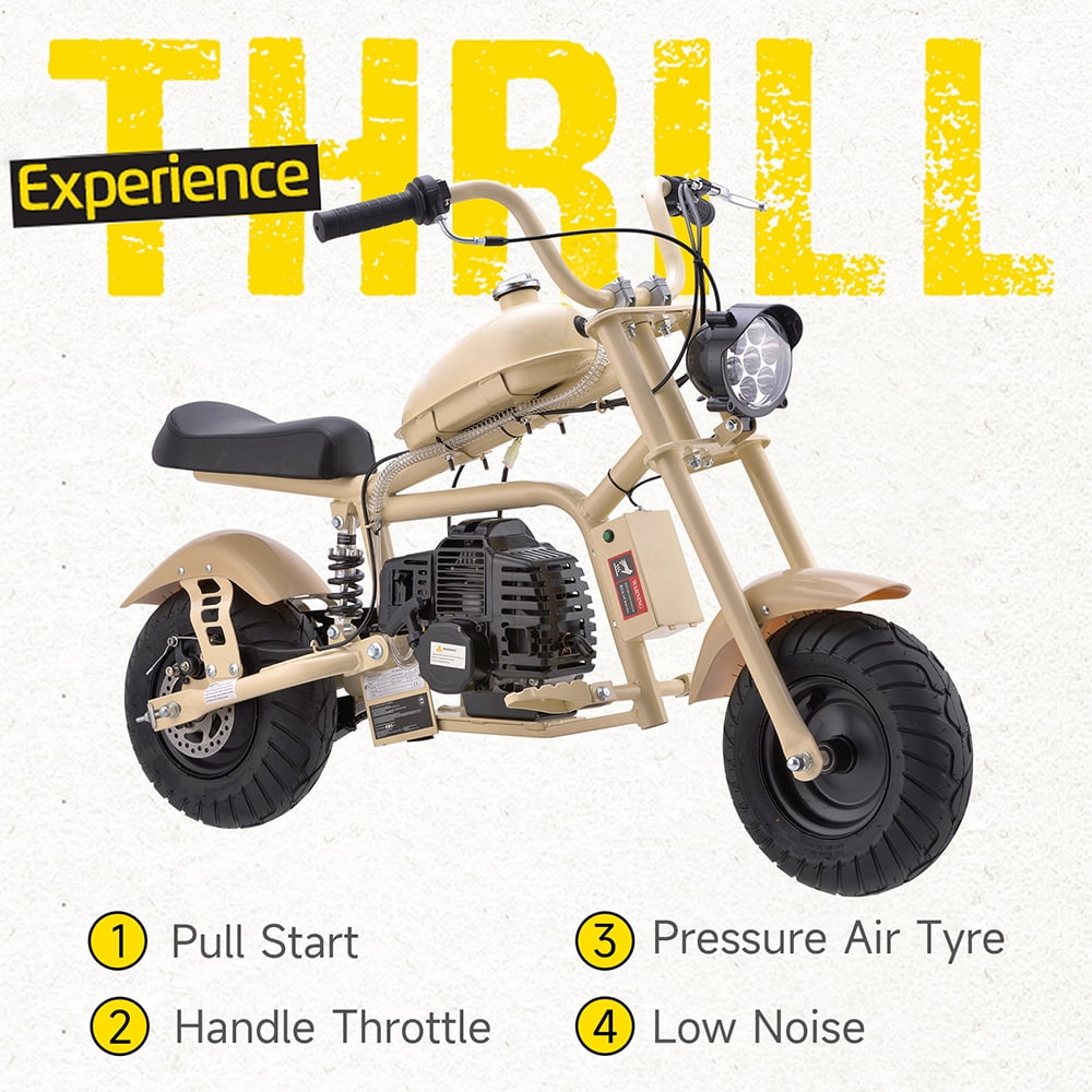 Aoemoe 49cc Gas Mini Chopper for Teens & Adults, Dirt Bike with Headlight, Rear Shock, Disc Brakes, 20MPH, Sand