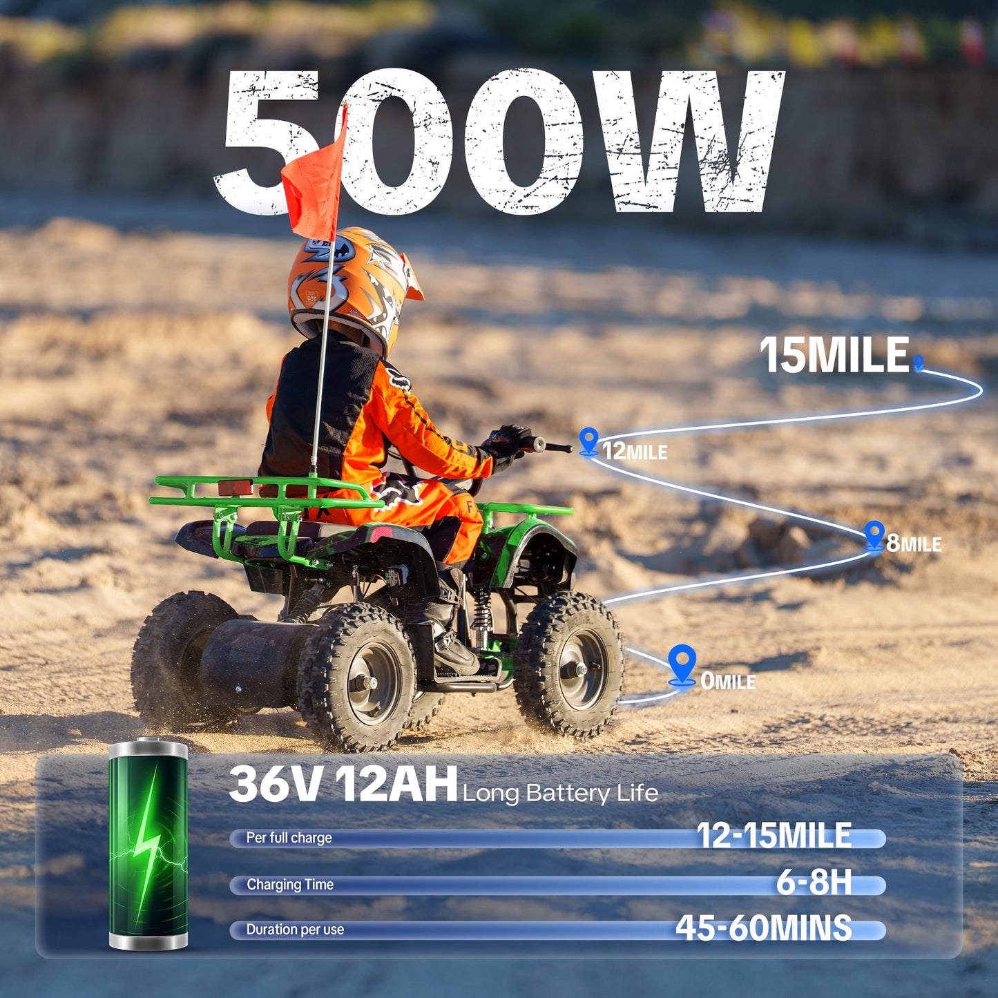 Electric 4 Wheeler,IVFJFV Dual Speed 10-15 MPH 4 Wheel with Parental Safety Key, 15 Miles Max Range,36V Ride on Car with Front & Rear Suspension & 10 Inch All-Terrain Wheels for Trail,Green