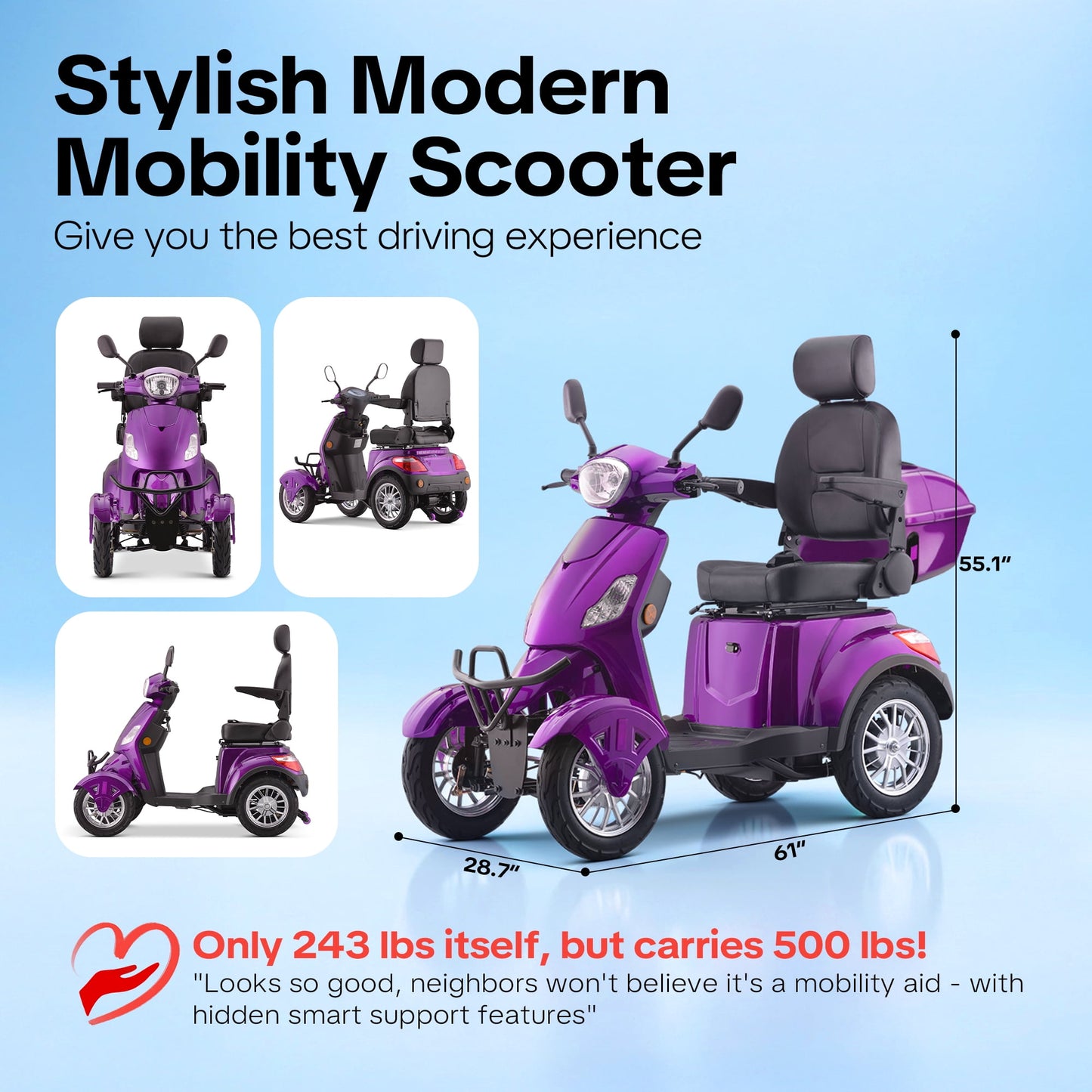 Upgrade Heavy Duty 4 Wheel Mobility Scooters for Seniors & Adults 500lbs Capacity,Arshin 800W All Terrain Fast Mobility Scooter for Travel,Electric Powered Chair,25 Miles Rang,Remote Key(Purple)