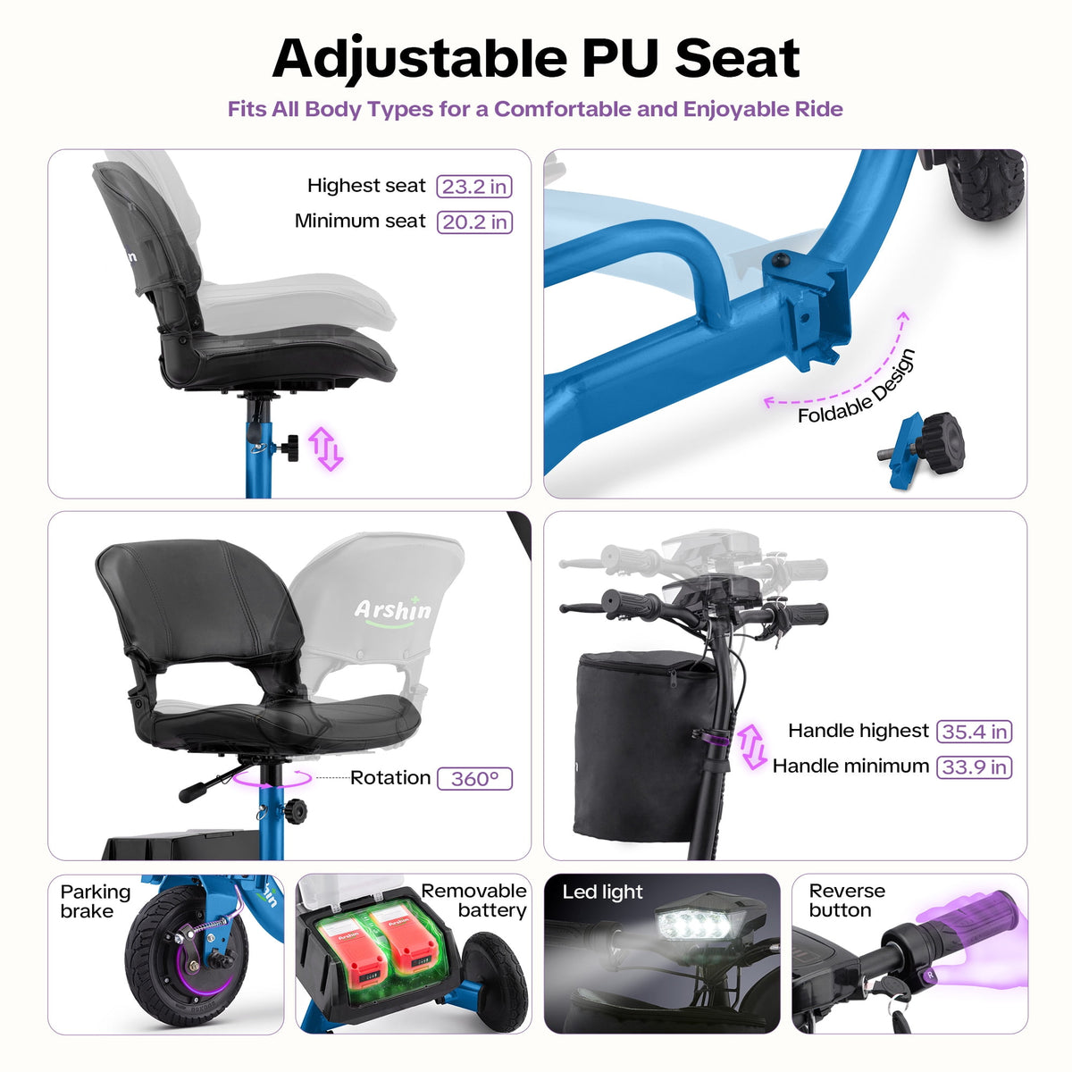 Ostrina Ultra-Lightweight Foldable Mobility Scooters for Seniors & Adults,All Terrain Mobility Scooter with 300lbs,Electric Wheelchair Strong Device for Travel,2 Batteries,Variable Speed(Purple)