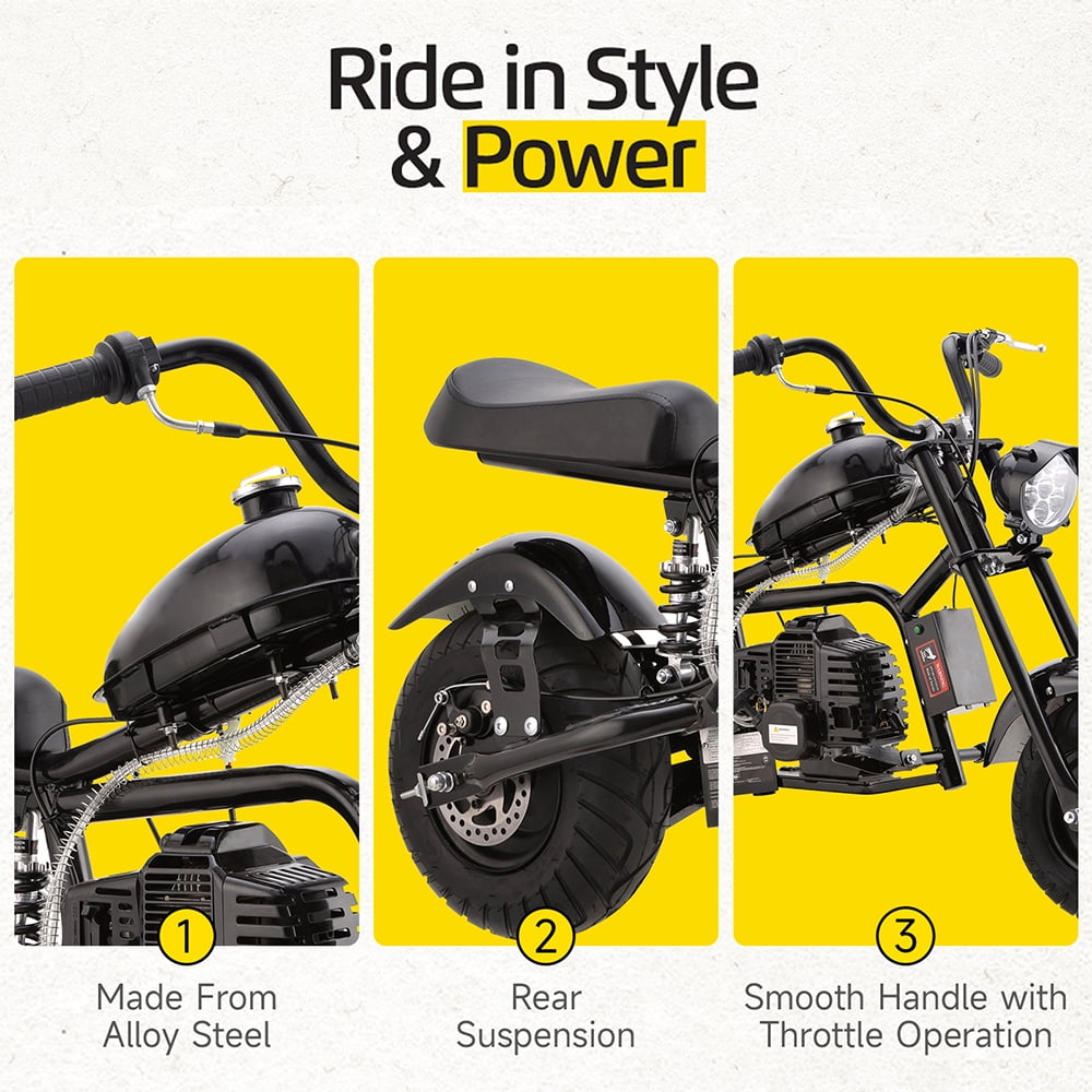 Aoemoe 49cc Gas Mini Chopper for Teens & Adults, Dirt Bike with Headlight, Rear Shock, Disc Brakes, 20MPH, Black