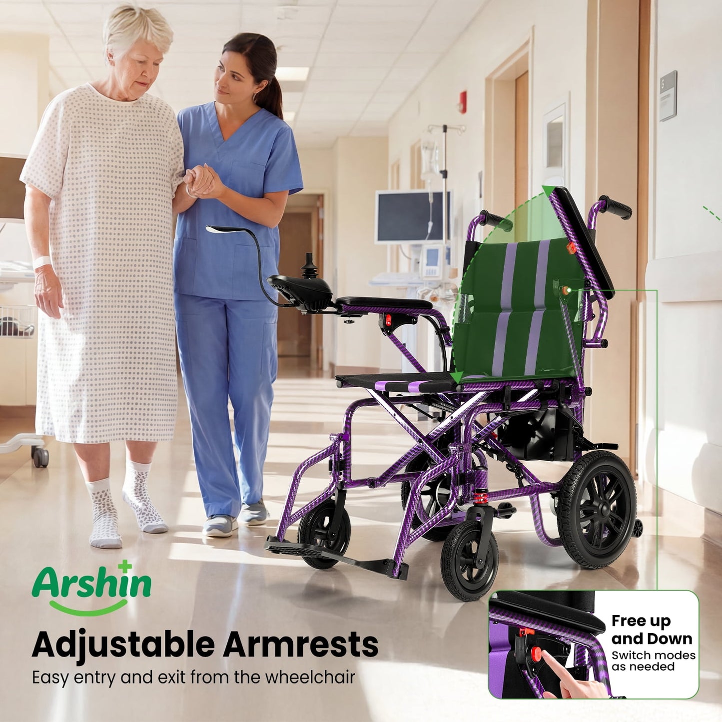 Arshin Electric Wheelchair Lightweight Foldable,20+ Miles Electric Wheelchairs for Adults,360°Joystick Motorized Wheelchair,286+ lbs Capacity,Purple