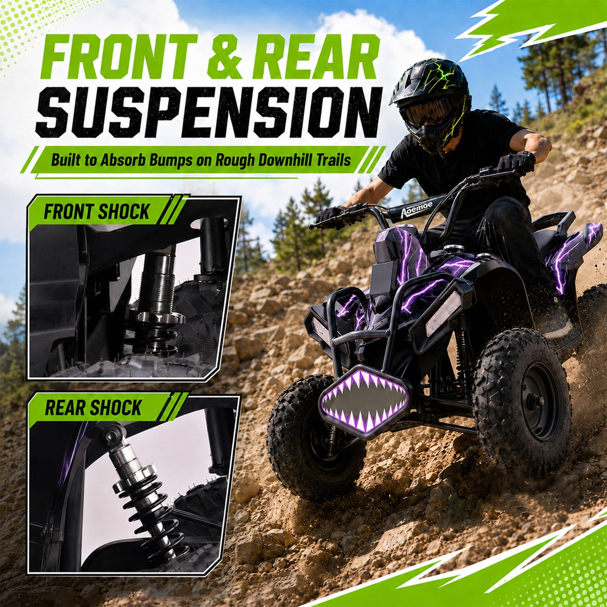 40cc Teen Gas ATV, Gas Powered 4 Wheeler for Teens 13+, 4-Stroke Beginner ATV, Up to 15 MPH, Adjustable Speed, Safety Switches, Front & Rear Brakes - Purple