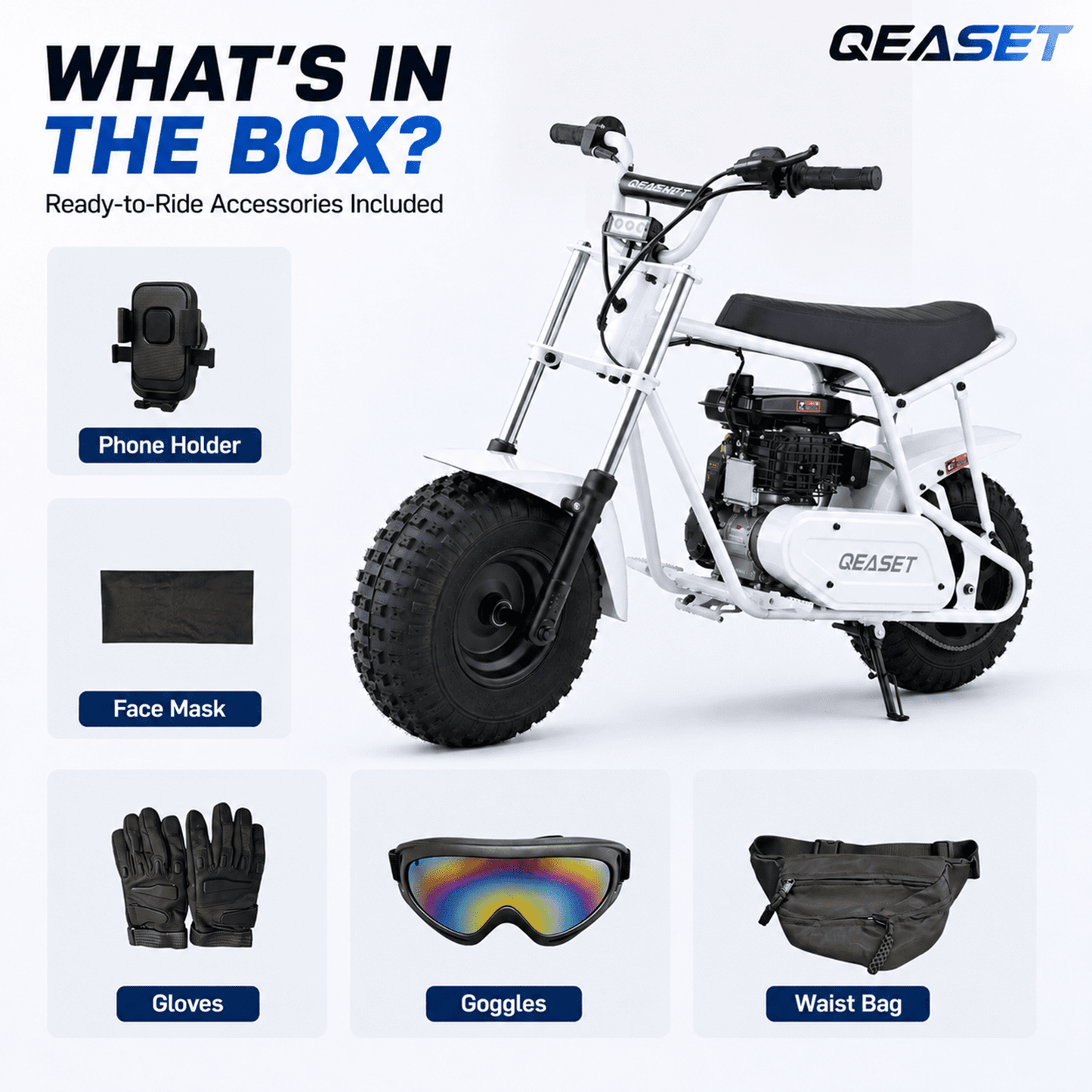 QEASET 105CC 4-Stroke Mini Bike with Shock Absorption, Off-Road Motorcycle, White