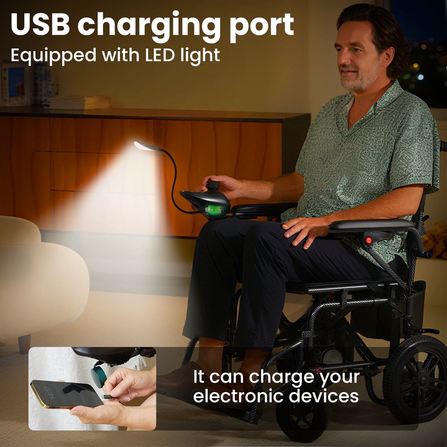 Aoemoe Electric Wheelchair, 15+ Miles Long-Range (397LBS) Lightweight Portable Electric Wheelchair for Adults, USB Phone Charger & Reading Light, Smart Motorized Mobility Scooter with 360° Joystick