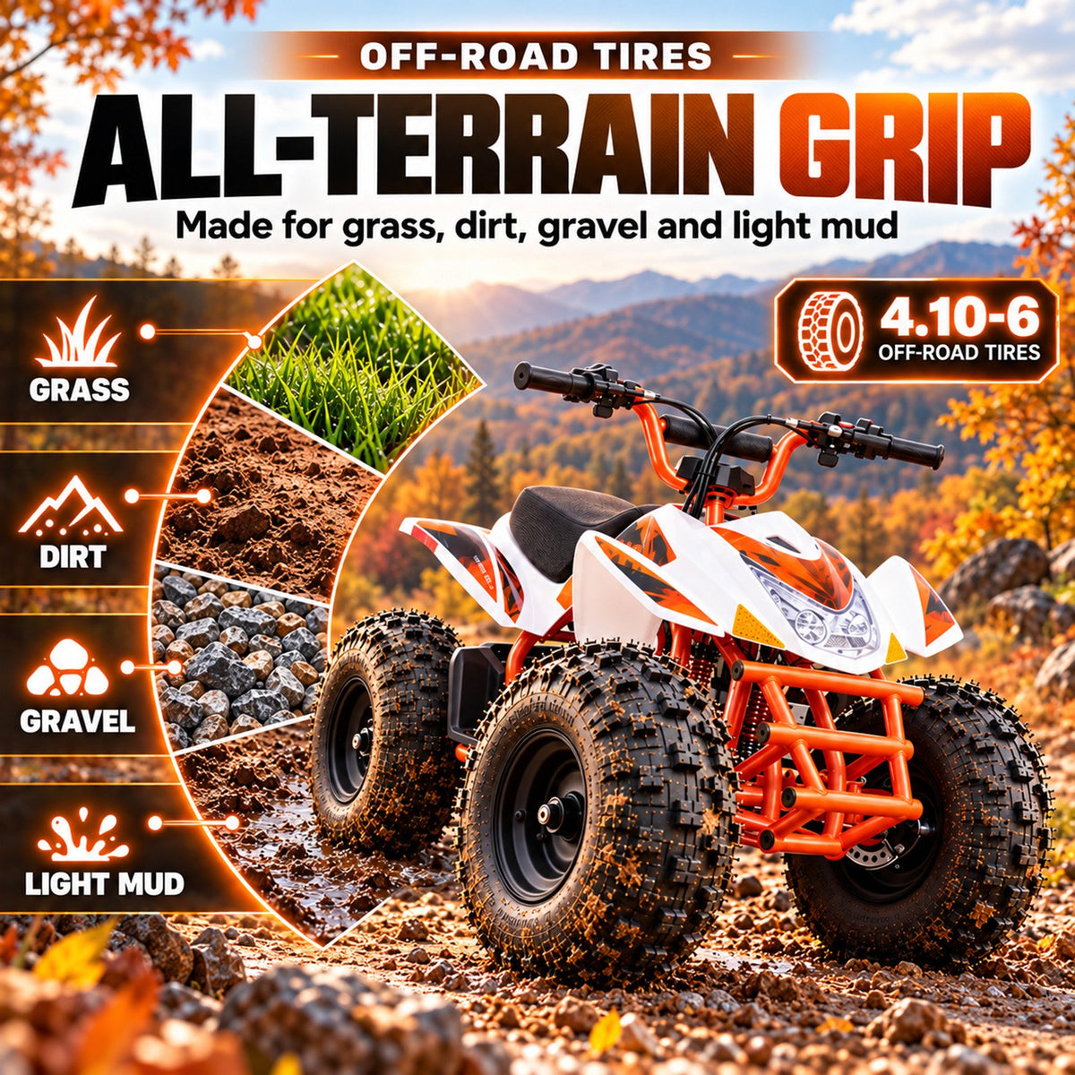 IVFJFV Powered 4 Wheeler,500W Electric 4 Wheeler with Dual Speed Adjustment,36V Four Wheeler Max 15 MPH, Front & Rear Shock Absorbers, All-Terrain Tires and Safety Disc Brake,ORANGE