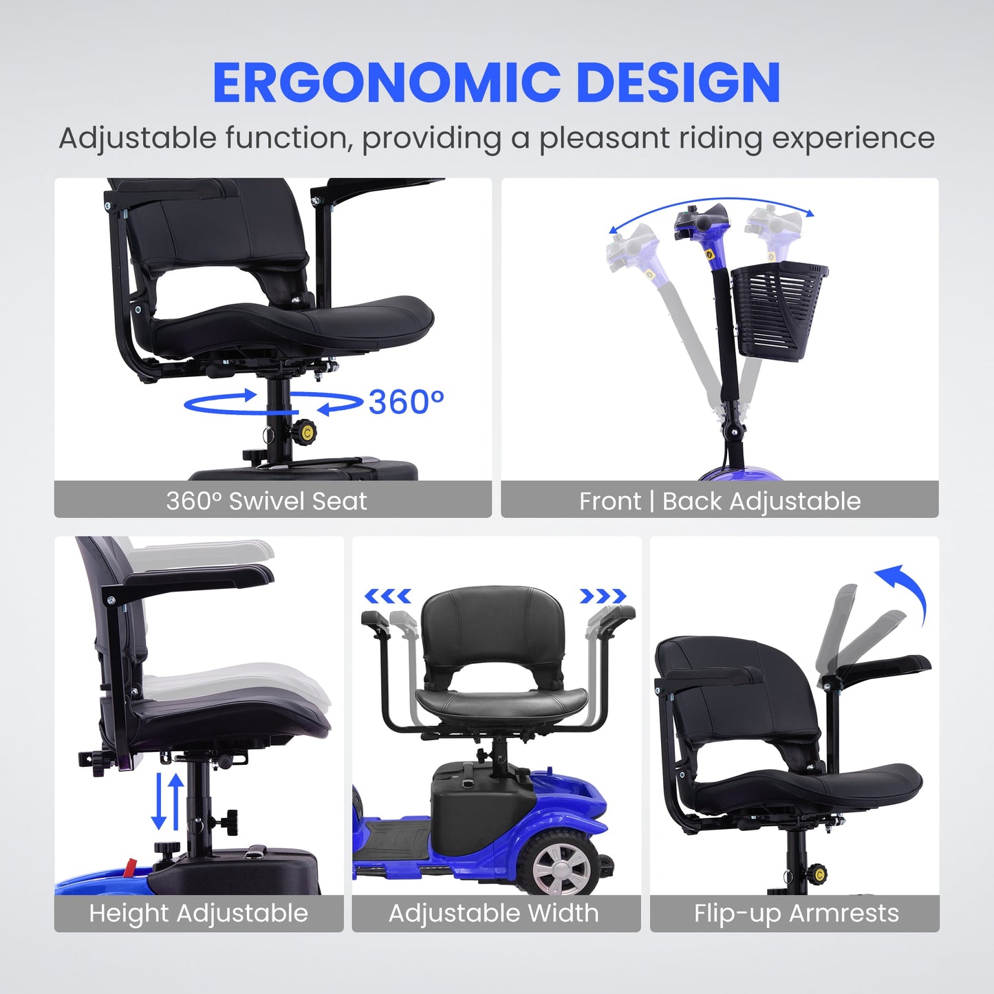 Arshin 4 Wheels Mobility Scooter with USB Port for Seniors,Electric Folding Wheelchair Device for Travel,Blue