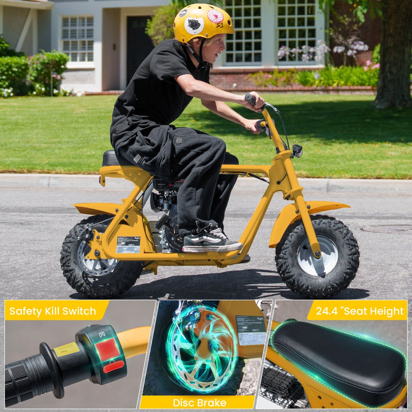 QEASET 99cc Mini Bike Gas Powered, 4-Stroke with LED Headlight, Yellow