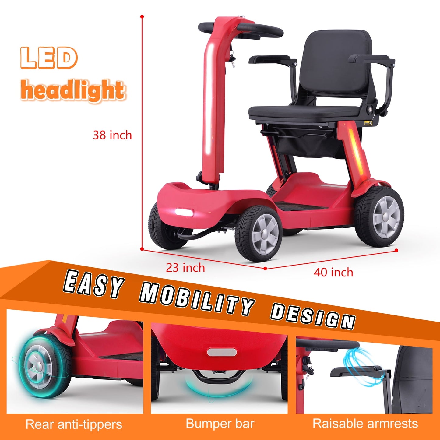 4 Wheels Mobility Scooter for Adults & Senior, Foldable Lightweight Powered Device for Travel, with LED Strip Light, Storage Bag, Charger Included, No Assemble Required (Red)