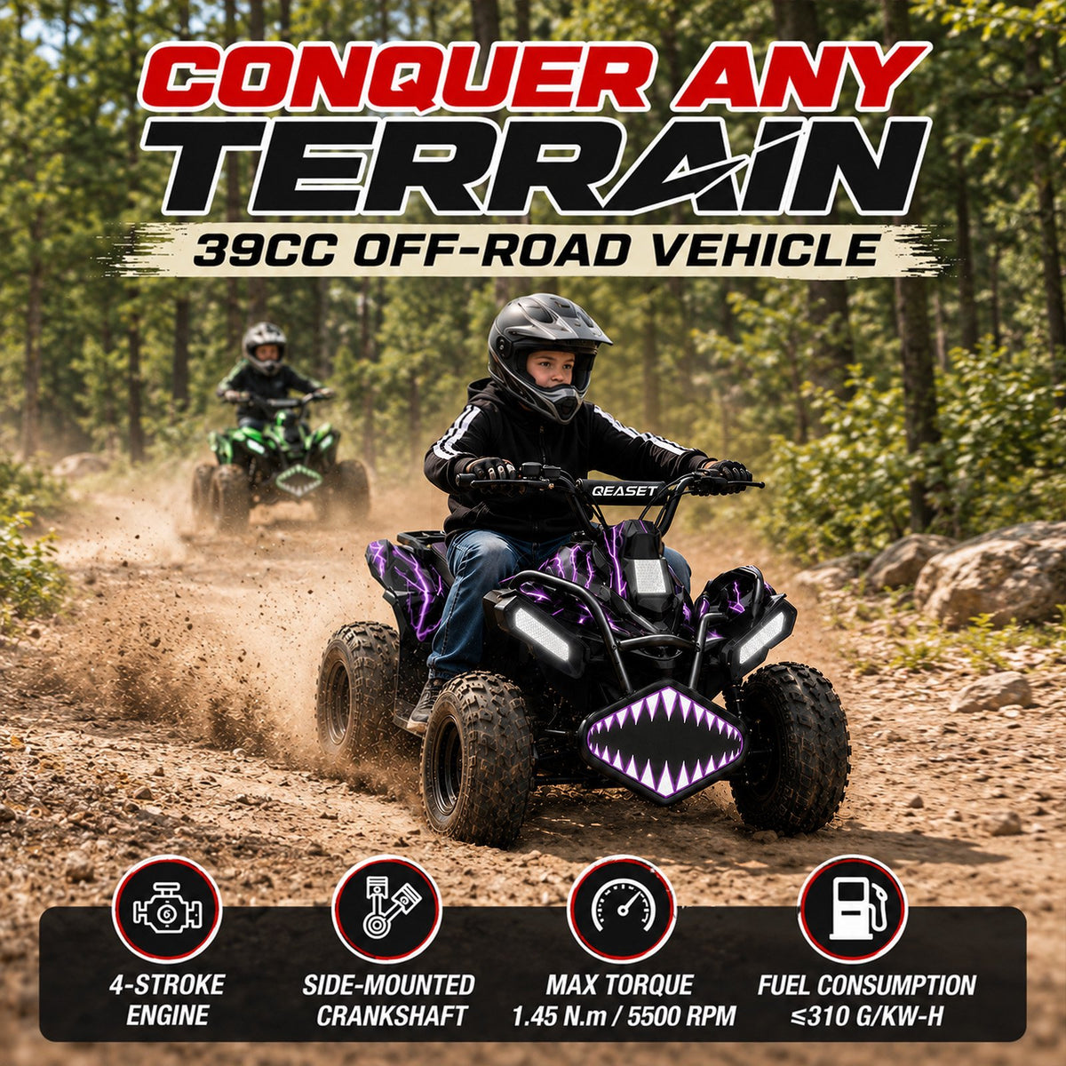 39cc Teen Gas ATV, Gas Powered 4 Wheeler for Teens 16+, 4-Stroke Beginner ATV, Up to 15 MPH, Adjustable Speed, Safety Switches, Front & Rear Brake - Purple
