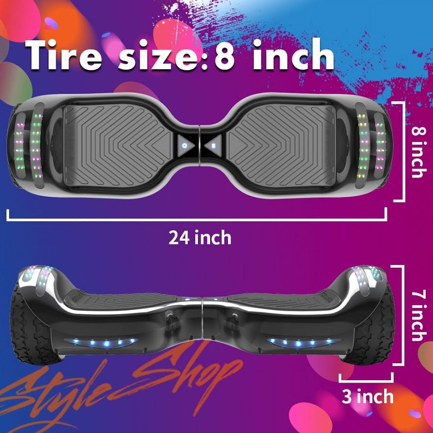 Hoverboard All-Terrain LED Flash Wide All Terrian Wheel with Bluetooth Speaker Dual LED Light Self Balancing Wheel Electric Scooter Chrome Black