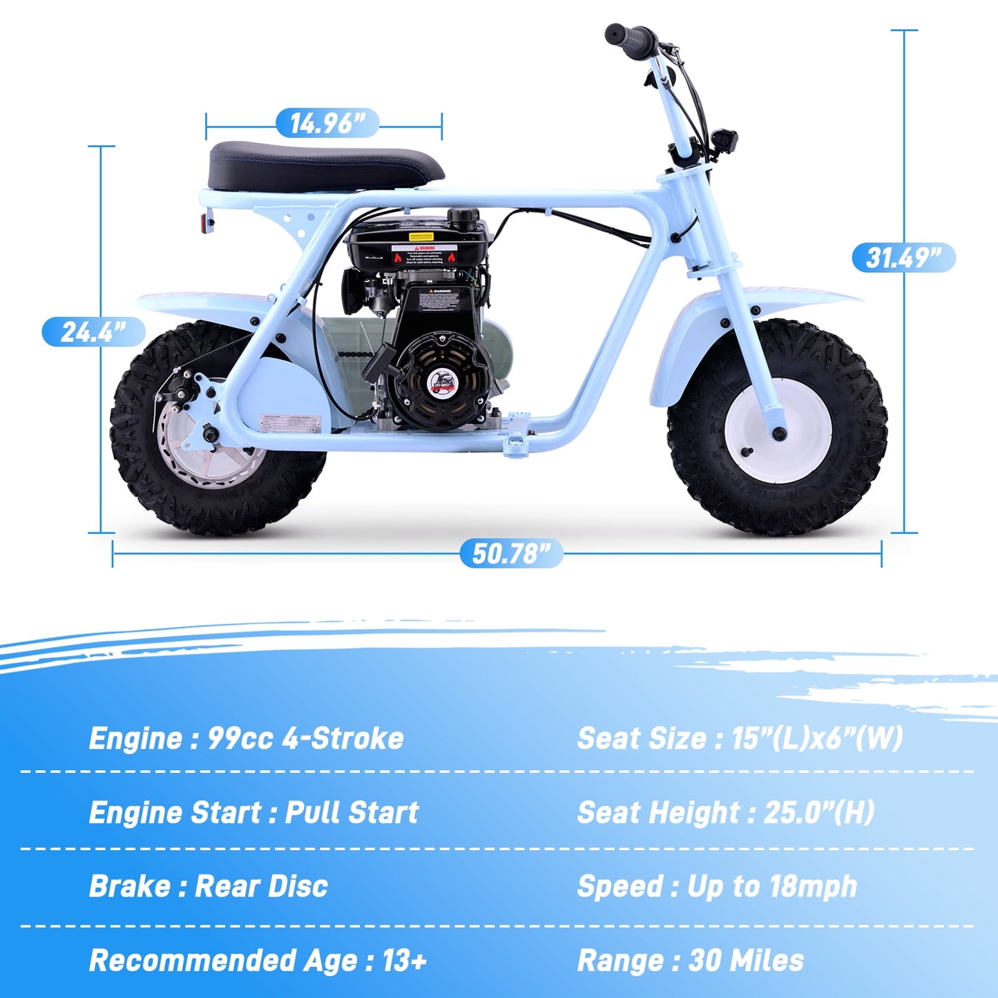 Aoemoe 99CC MB001 Gasoline Mini Dirt Bike,4-Stroke 18MPH Off Road Motorcycle, Weight Support Up to 165 LBS - Blue