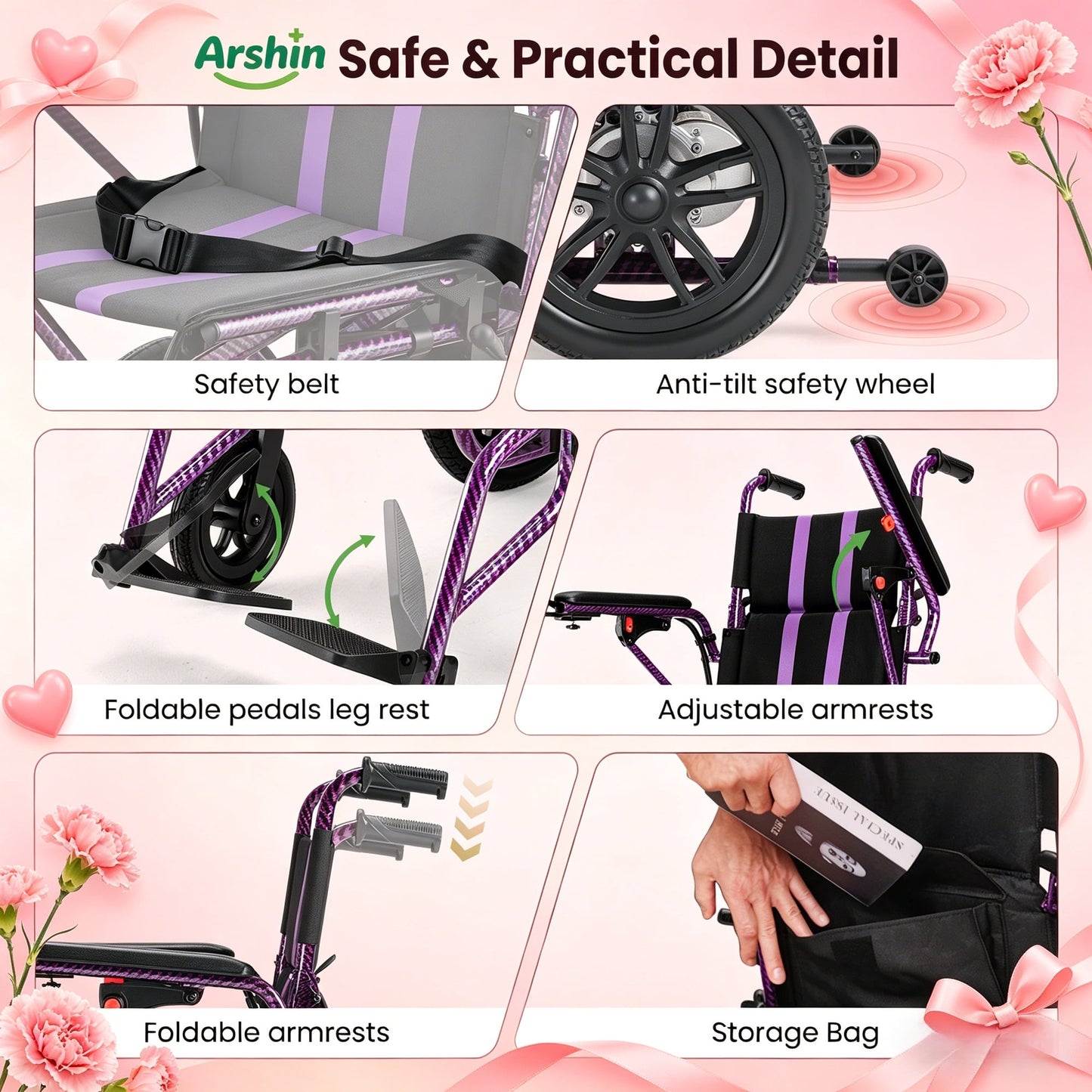 Lightweight Foldable Electric Wheelchair,20+ Miles,360°Joystick,Mom's Gift(Purple)