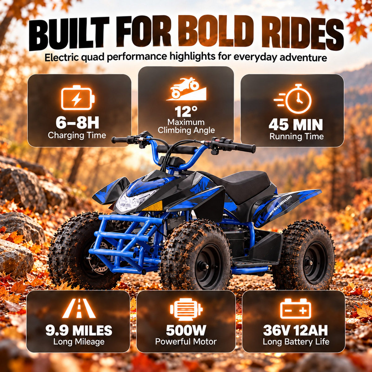 IVFJFV Powered 4 Wheeler,500W Electric 4 Wheeler with Dual Speed Adjustment,36V Four Wheeler Max 15 MPH, Front & Rear Shock Absorbers, All-Terrain Tires and Safety Disc Brake,BLUE