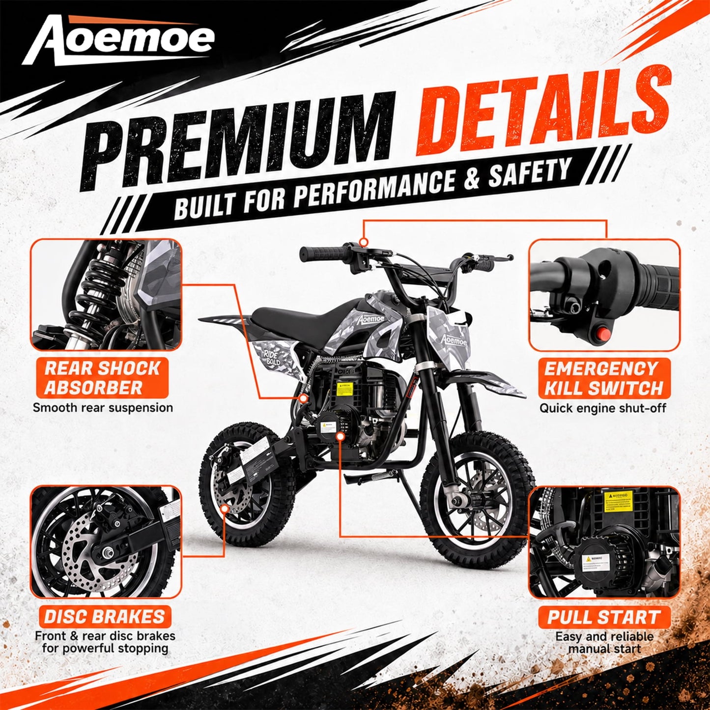 Aoemoe 49cc Kids Dirt Bike, Gasoline Powered 2-Stroke Mini Motorcycle, 1-Seater, Black