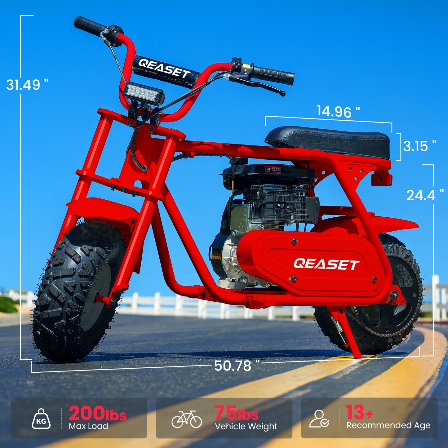 QEASET 99cc Dirt Bike, Gas Powered, 4-Stroke with LED Headlight, 25MPH Minibike Trail Bike, Pull Start, Poucket Bike for Teenager and Adult, Summer Gift