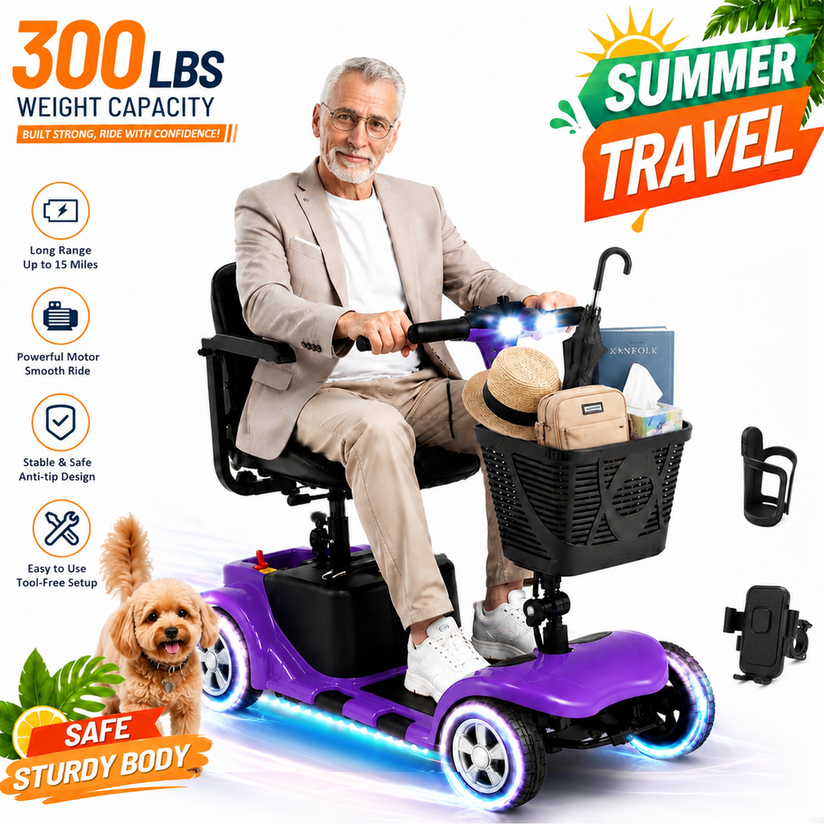 LiltJan Foldable Mobility Scooter for Adults Elderly– 4-Wheel Portable Motorized Scooter with 300 lbs Capacity, Detachable Battery，Including Charger