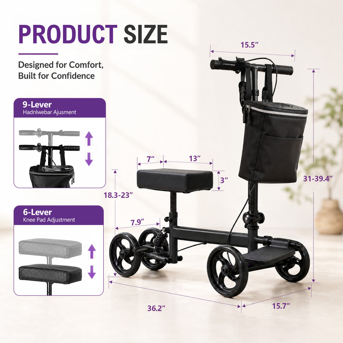 LiltJan Knee Scooter for Adults, Steerable Knee Walker with 4 Wheels, Foldable Medical Knee Scooter with Adjustable Knee Pad & Handlebar, Walking Aid for Foot, Ankle & Leg Injury Recovery, 300 lbs