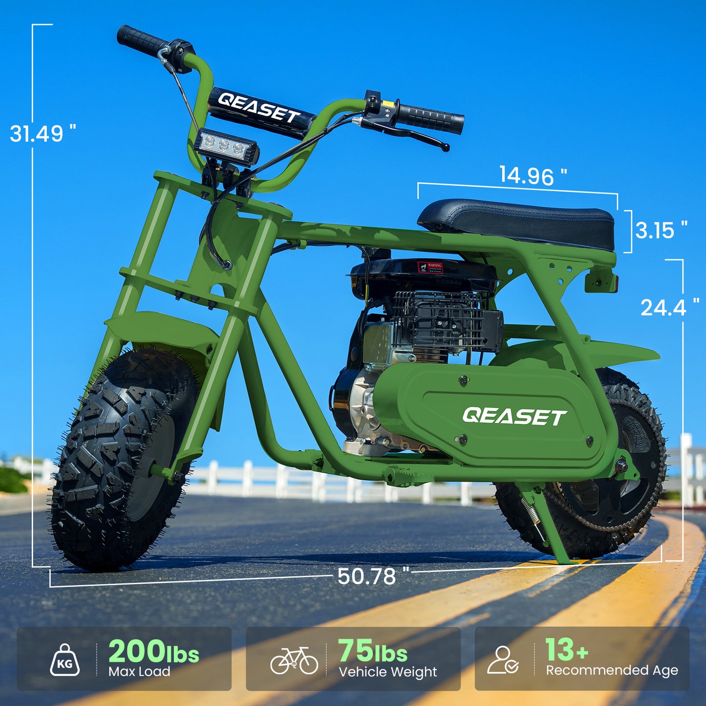 QEASET 99cc Dirt Bike, Gas Powered, 4-Stroke with LED Headlight 22MPH Minibike, Pull Start for Teenager and Adult, Green