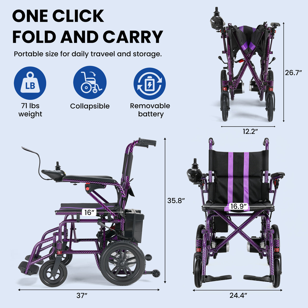 Electric Wheelchair for Adults - Lightweight Foldable Motorized Wheelchair with 15-Mile Long Range, 360° Joystick Control & All-Terrain Power, Supports 286 lbs, LED Safety Lights, Portable for Travel