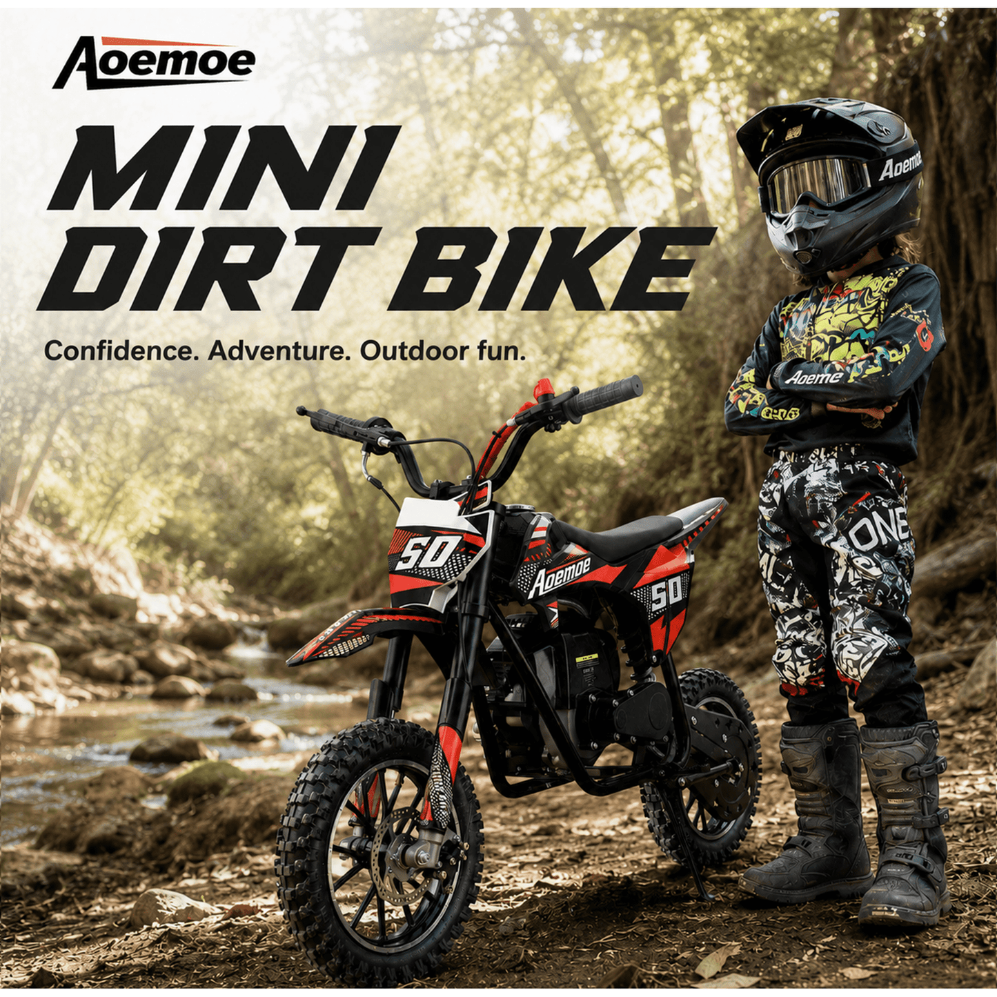 Aoemoe 39cc motor bike, 20mph gas dirt bikes for boys 8 12, Disc Brakes, Max Load 165Lbs, kids dirt bike, Red