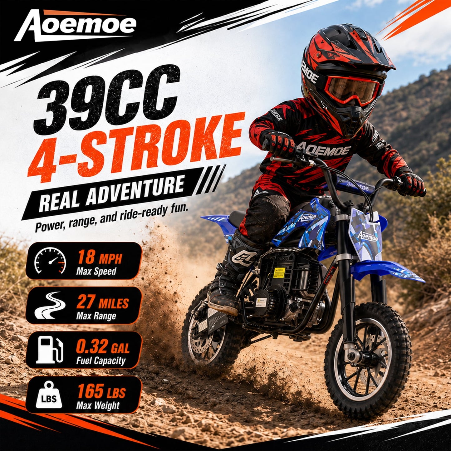 Aoemoe 49cc Kids Dirt Bike, Gasoline Powered 2-Stroke Mini Motorcycle, 1-Seater, Blue