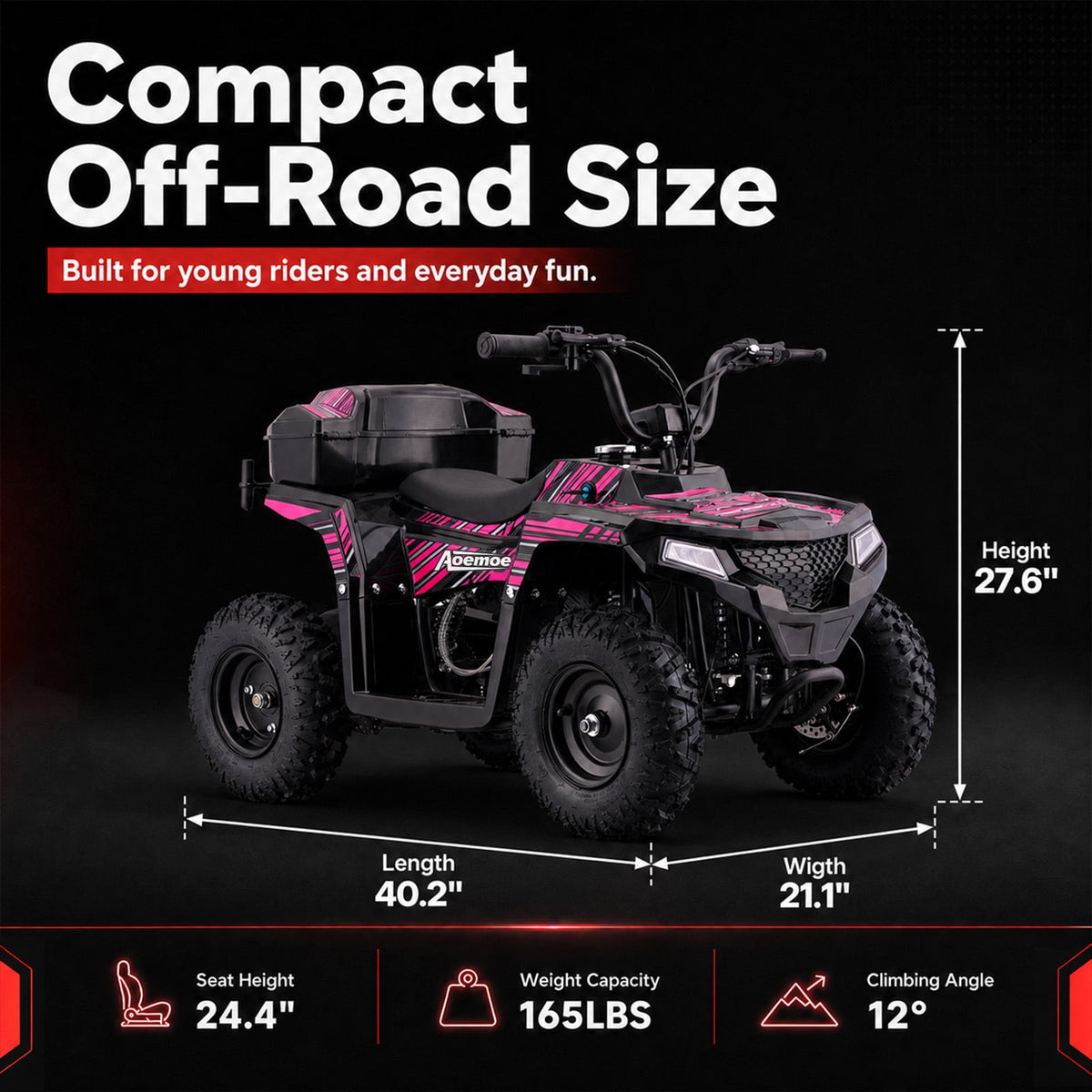 Aoemoe 40cc 4-Stroke Youth Ride-On for Ages 13+, Fuel Powered Pull Start with Front & Rear Disc Brakes, Adjustable Top Speed Up to 15 MPH, Safety Flag & Parental Speed Control, Pink