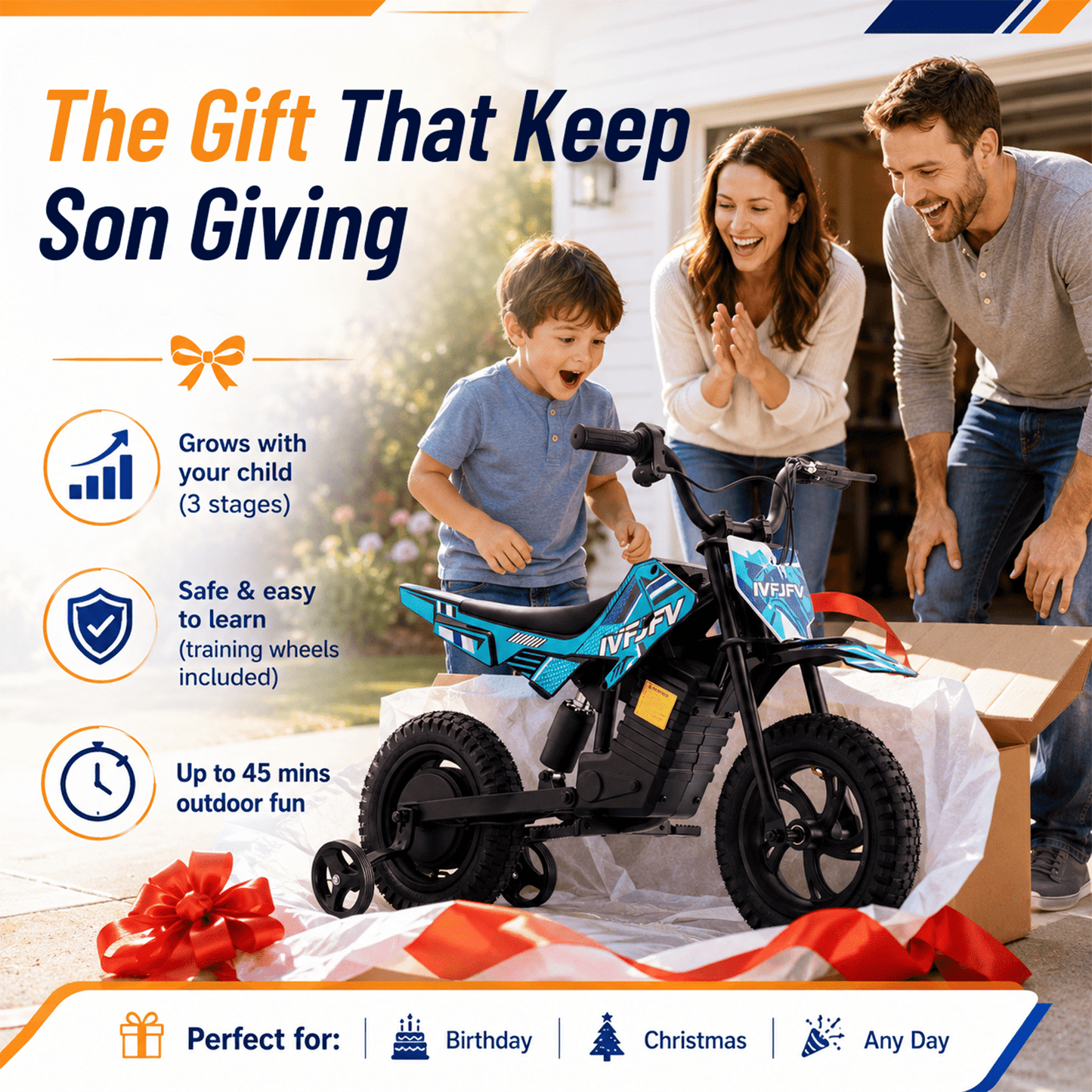 IVFJFV Electric Dirt Bike,up to 6.21 mph, 24V Electric Dirt Bike with Removable Training Wheels for Child 8+,SKY BLUE