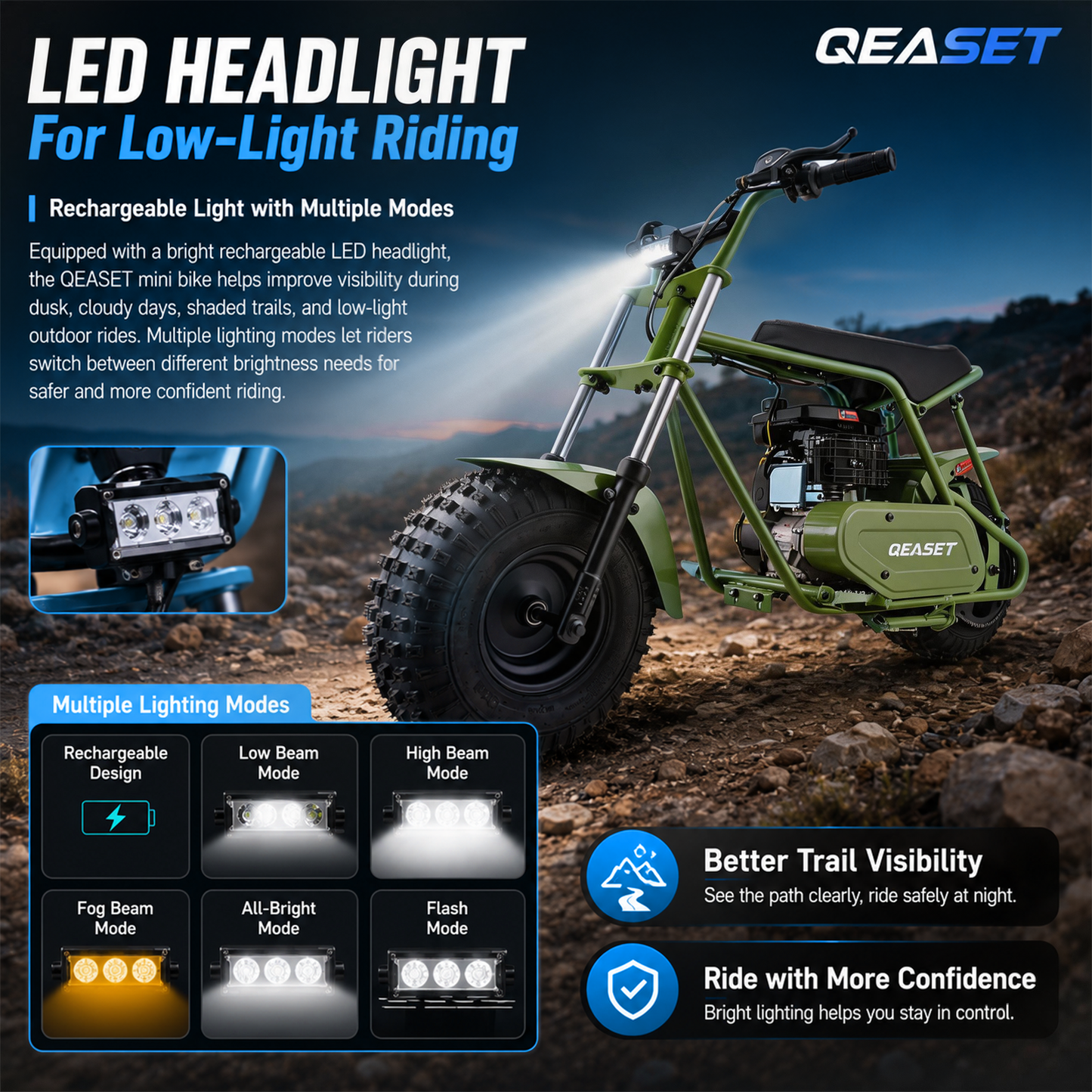 QEASET 105CC 4-Stroke Mini Bike with Shock Absorption, Off-Road Motorcycle, Green