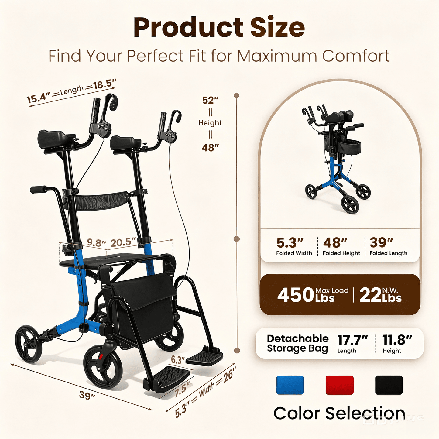 Arshin Foldable Rollator Walker with Seat for Seniors–450 lbs Heavy-Duty Support,Lightweight 19 lbs,10" All-Terrain Wheels for Indoor & Outdoor Use,Adjustable Handles,Compact Fold(Blue)
