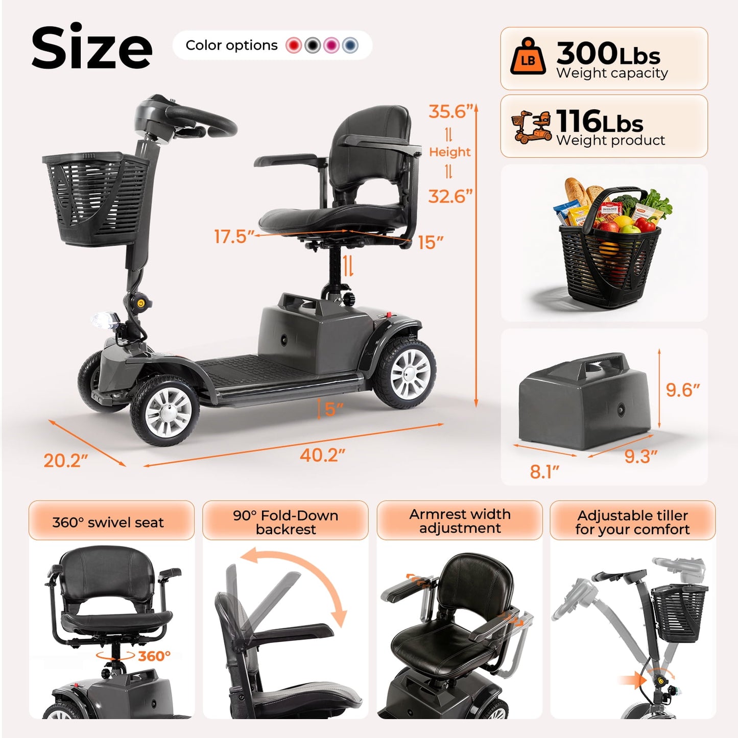 Arshin Senior-Friendly Mobility Scooter,Easy-to-Use and Lightweight Foldable,300lbs,Black
