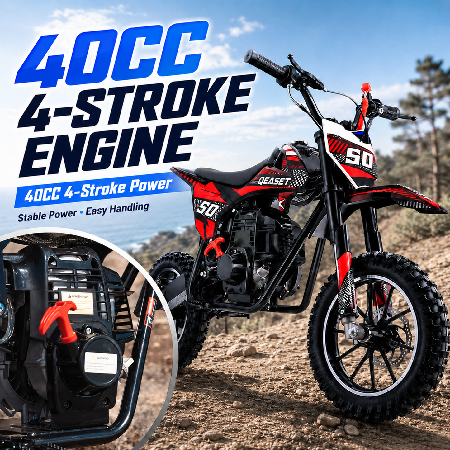 QEASET Mini Gas Powered Ride-On Motorcycle, 39CC 4-Stroke Engine with Disc Brakes, 20 MPH Top Speed, 6.3" Ground Clearance, Supports Up to 165 lbs, Minimal Assembly, Red