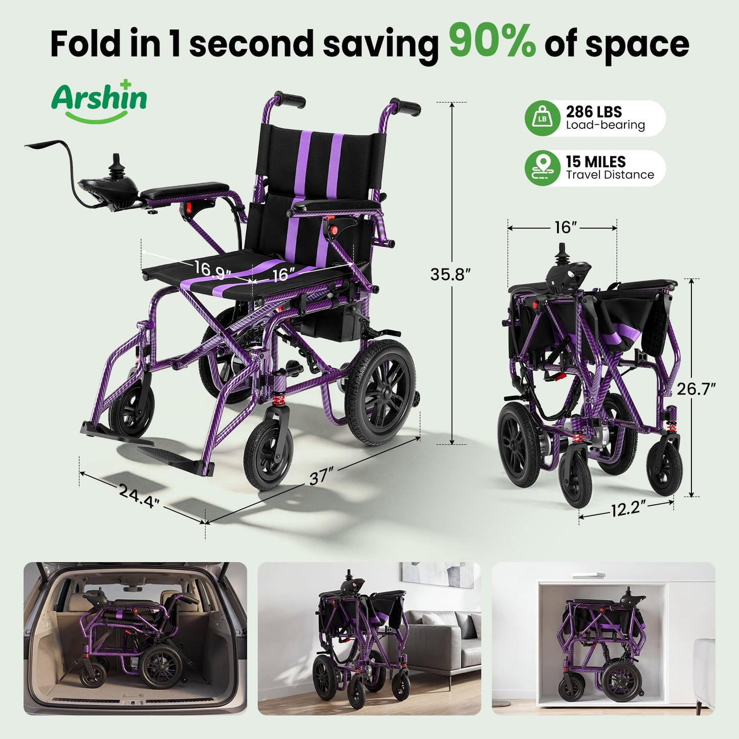 Lightweight Foldable Electric Wheelchair,20+ Miles,360°Joystick,Mom's Gift(Purple)