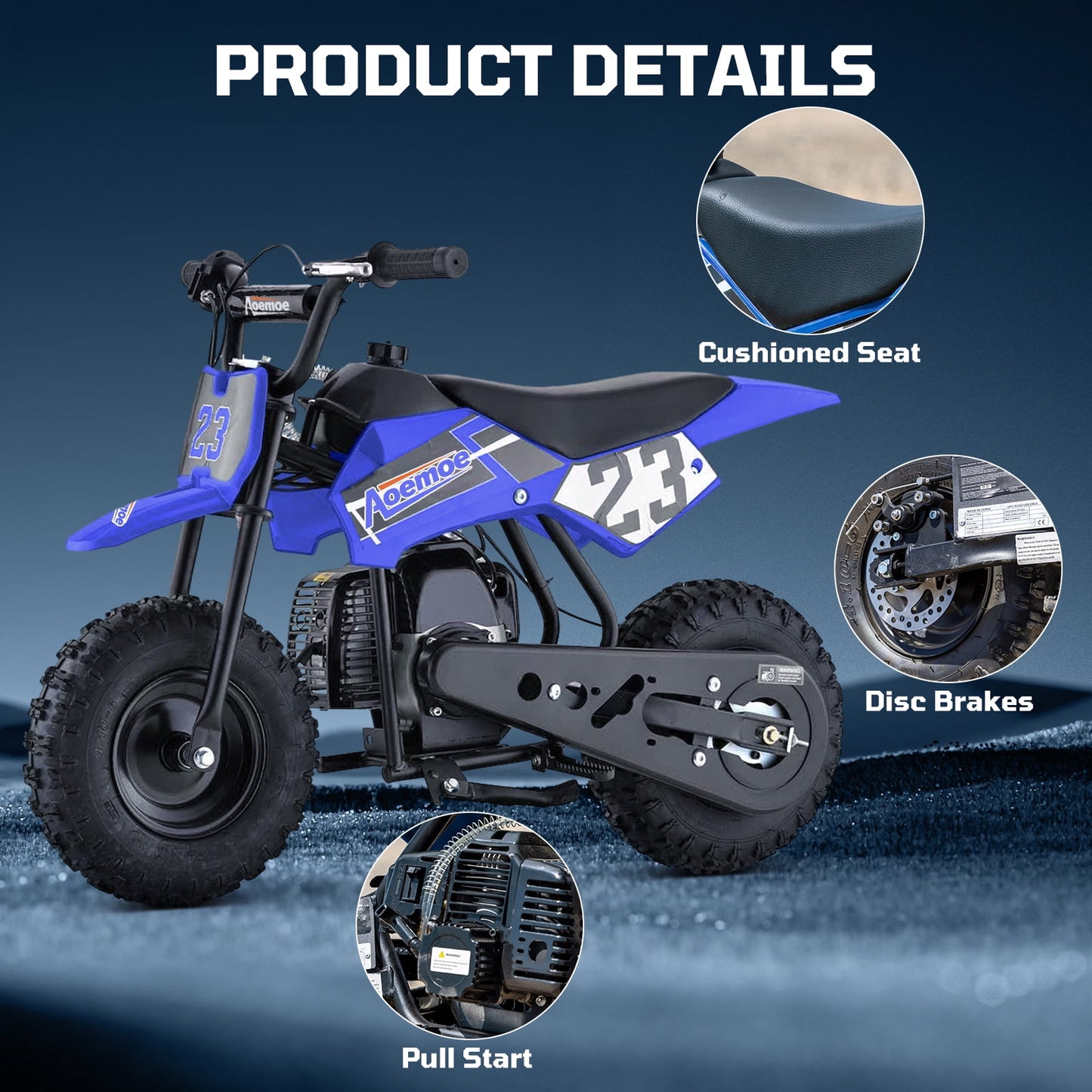 Aoemoe 49cc Kids Dirt Bike Gas Powered, Mini Off-Road Motorcycle with Suspension & Disc Brakes, 18 Mph, 160 Lbs Capacity, Blue