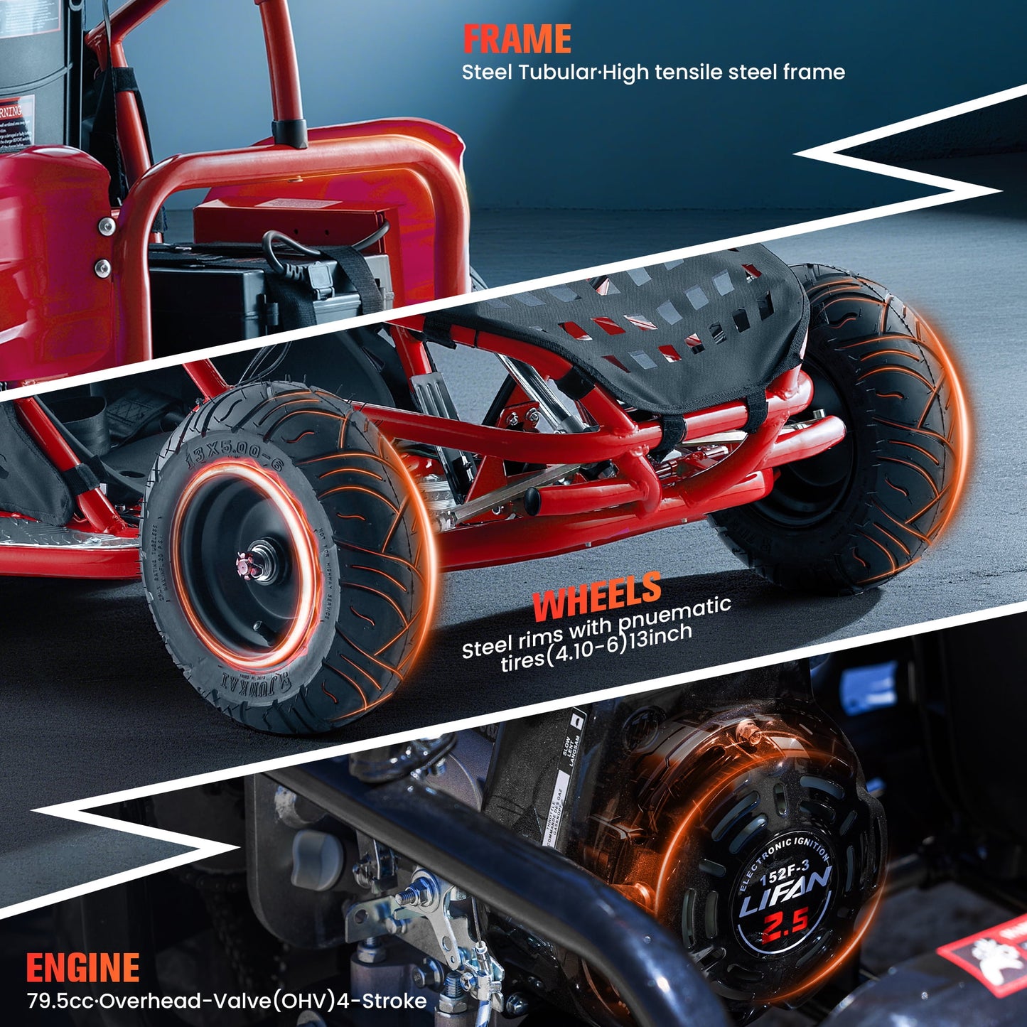 QEASET 48V Electric Go-Kart 1000W Brushless Motor, 20mph Max, 13" All-Terrain Tires, High-Tensile Steel Frame, 4-Point Seat Belt, 3-Speed Control, Hydraulic Disc Brake,Red