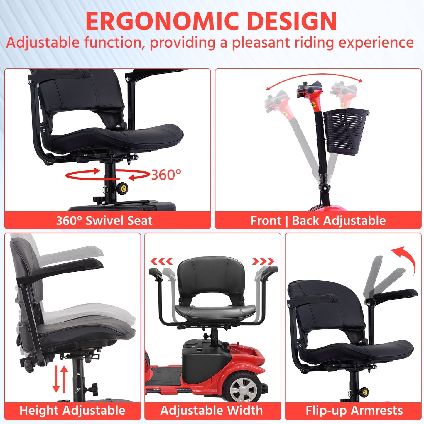 4 Wheels Mobility Scooter for Adults, Senior Electric Powered Chargeable Device for Travel, Lightweight and Portable, with LED Headlights and Basket, Charger Included (Red)