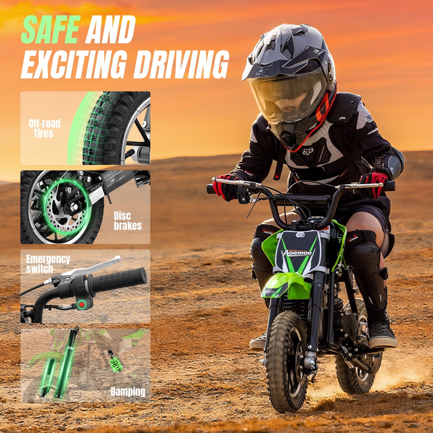Aoemoe 49cc 2-Stroke Gas Mini Dirt Bike, Off-Road Tires & Disc Brakes, 20mph/160lb, Green