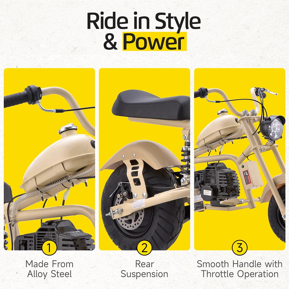 Aoemoe 49cc Gas Mini Chopper for Teens & Adults, Dirt Bike with Headlight, Rear Shock, Disc Brakes, 20MPH, Sand