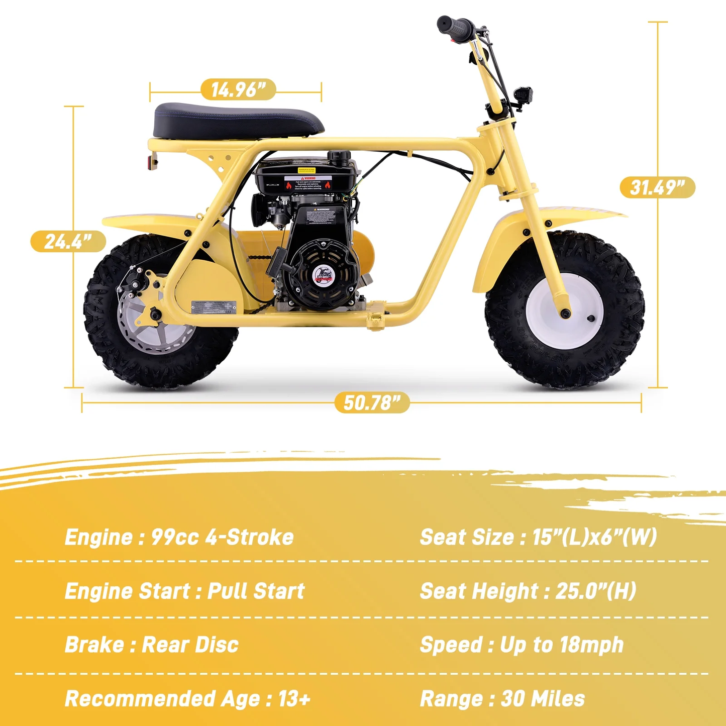 Aoemoe 99CC MB001 Gasoline Mini Dirt Bike,4-Stroke 18MPH Off Road Motorcycle, Weight Support Up to 165 LBS - Yellow