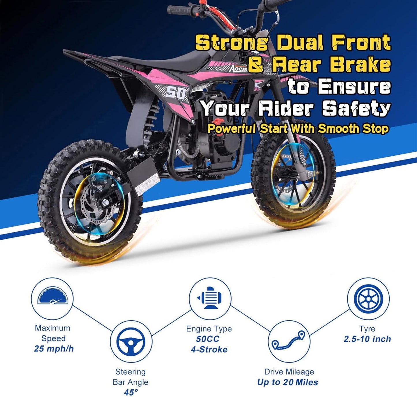 Aoemoe 40cc 4-Stroke Kids Mini Dirt Bike, Gas Powered, Rear Suspension & Disc Brakes, 20Mph/165Lbs,Pink