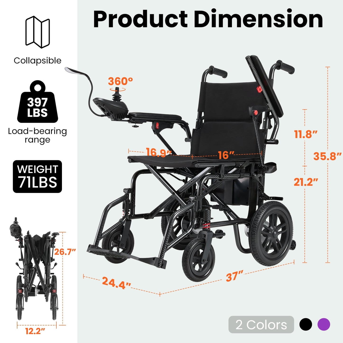 QEASET Foldable Electric Wheelchair, All Terrain Smart Motorized Wheelchair, Senior-Friendly Power Chair with 360° Joystick, 15+ MilesLong-Range Mobility Scooter, Black