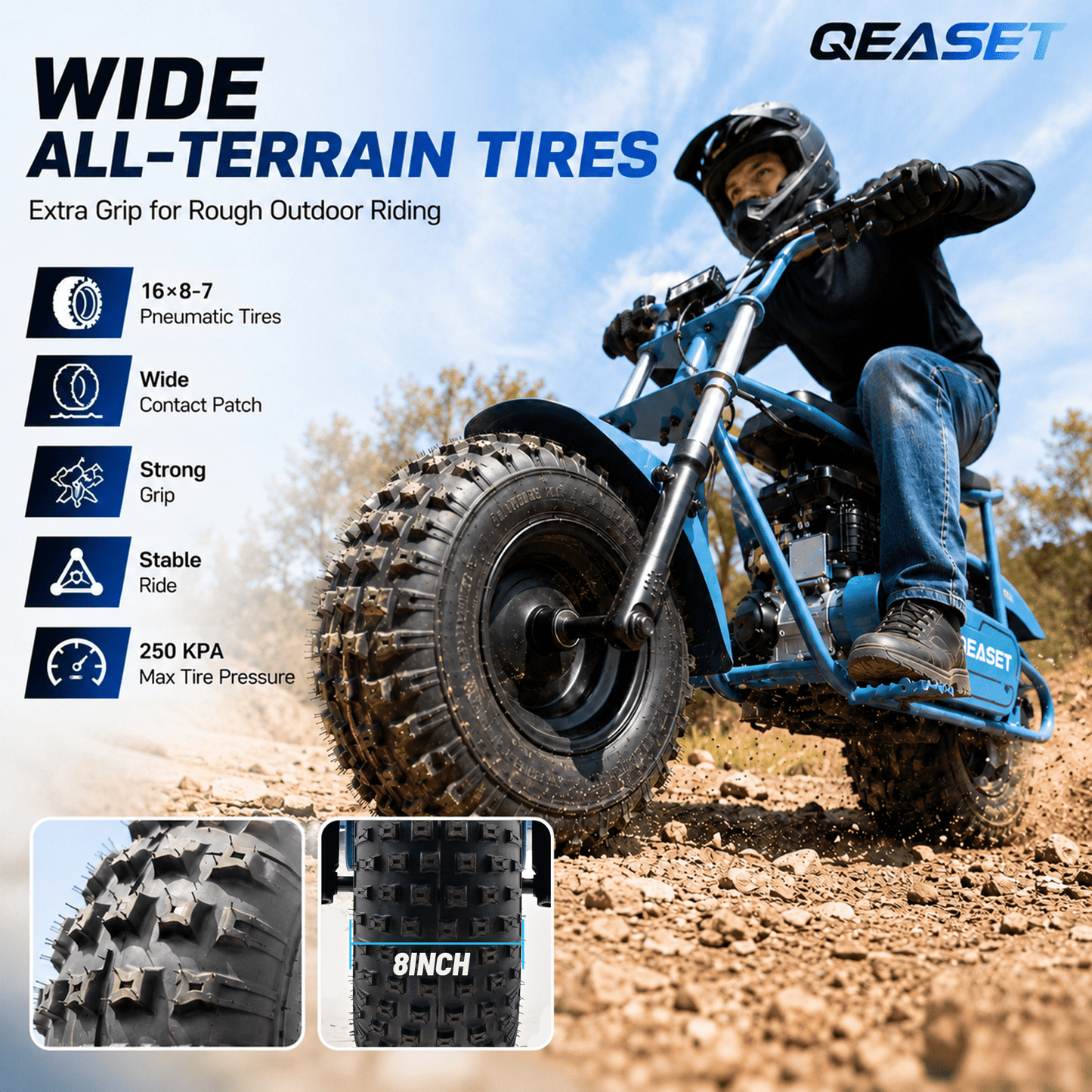 QEASET 105CC 4-Stroke Mini Bike with Shock Absorption, Off-Road Motorcycle, Blue