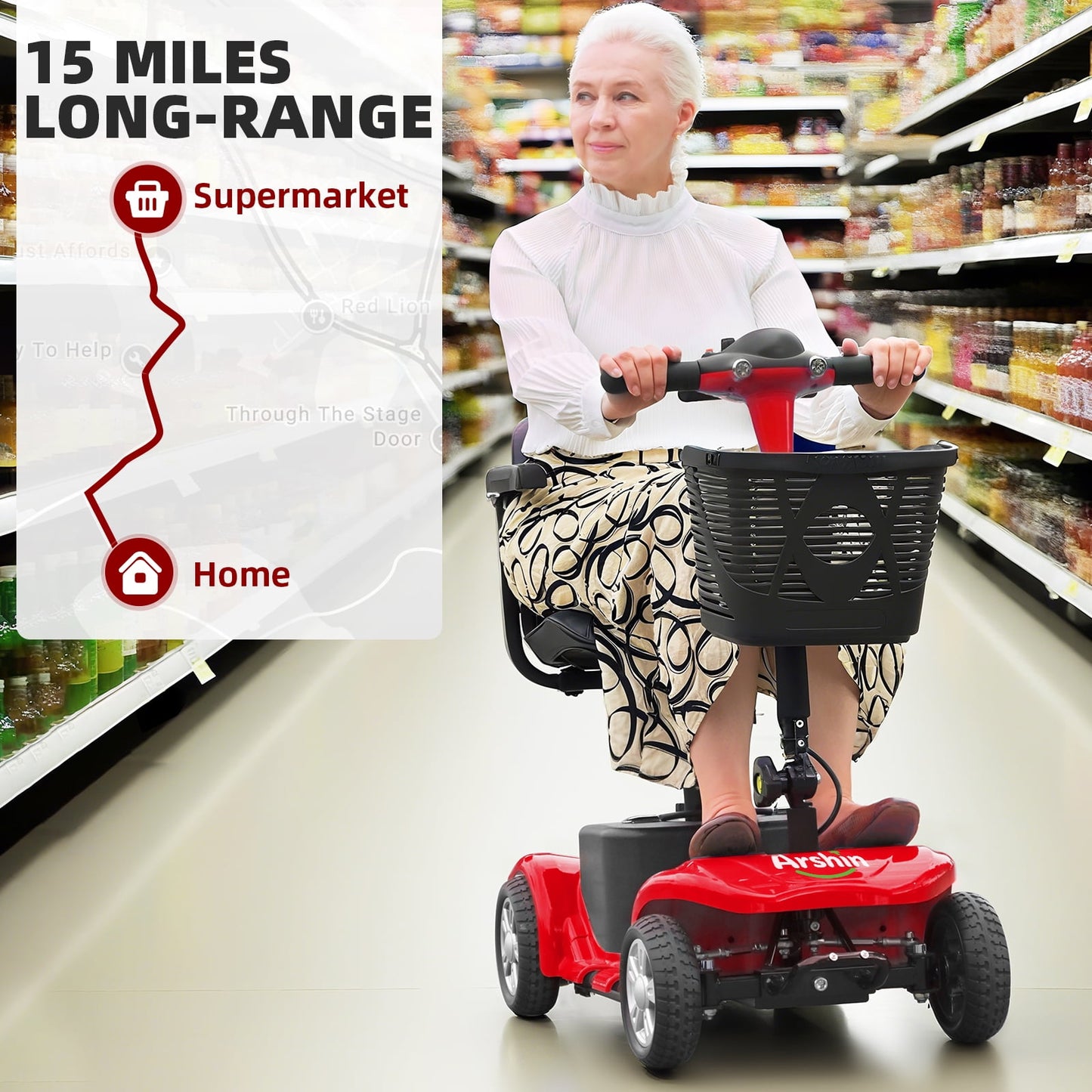 Arshin Mobility Scooters for Seniors,4 Wheels Outdoor Mobility Scooters Lightweight and Portable,180W 24V Electric Mobility Scooters with High-Power Motor,Suitable for Travel,Adults,Elderly(Red)