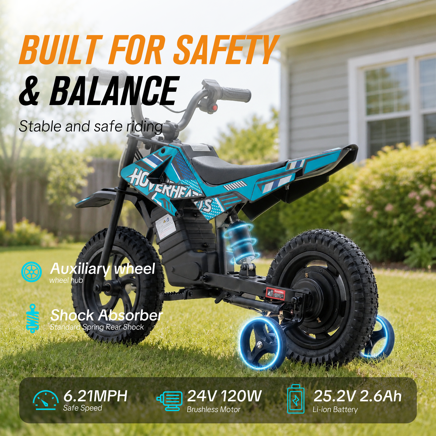QEASET Dirt Rocket - Teal Blue with Decals, up to 6.21 mph, 24V Electric Dirt Bike for Child 8+