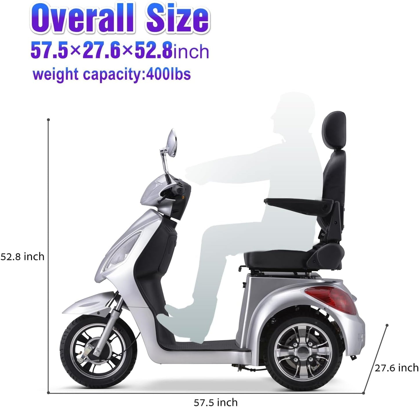Super Large Electric 3 Wheel Mobility Scooters, Heavy Duty 800W Wheelchair Device, 500 LBS Capacity for Seniors & Adults, Speed Adjust, Remote Key, Receive Ready to Ride.（Sliver）
