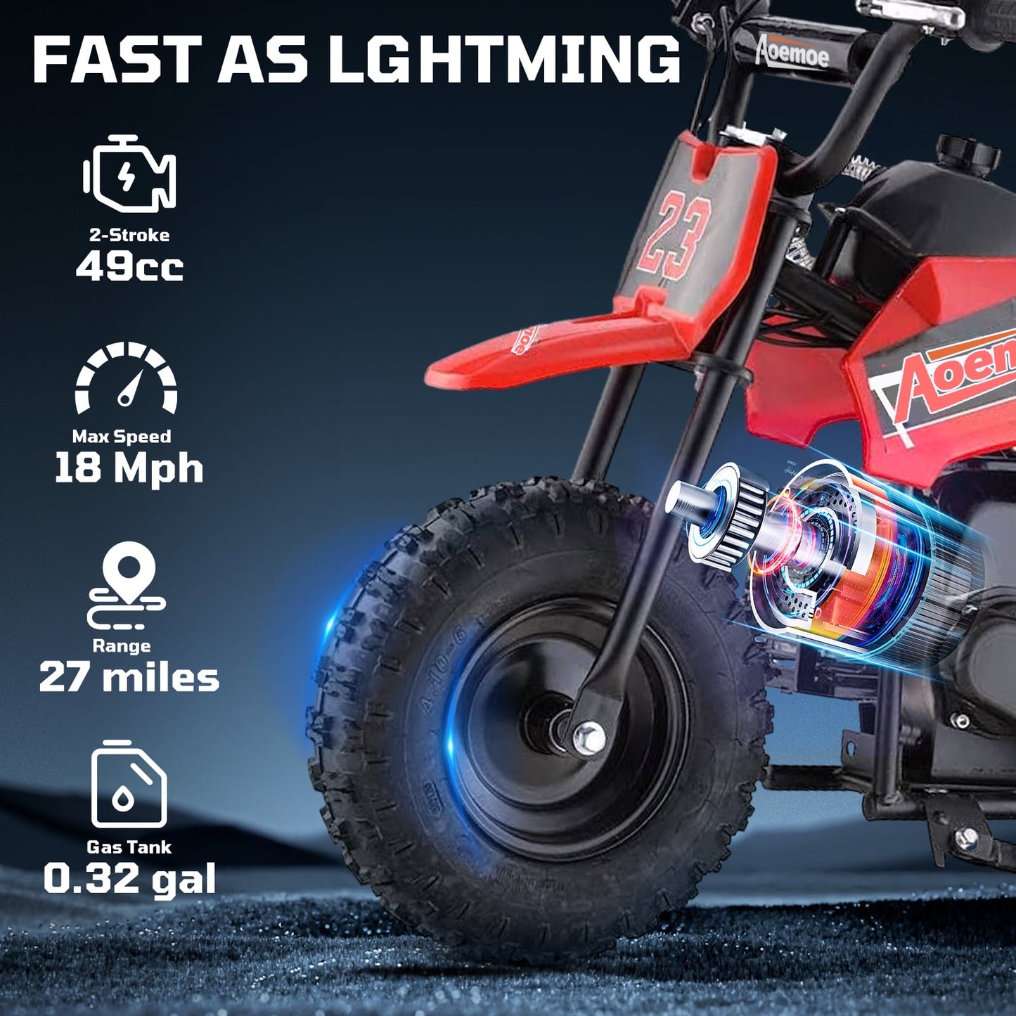 Aoemoe 49cc Kids Dirt Bike Gas Powered, Mini Off-Road Motorcycle with Suspension & Disc Brakes, 18 Mph, 160 Lbs Capacity, Red