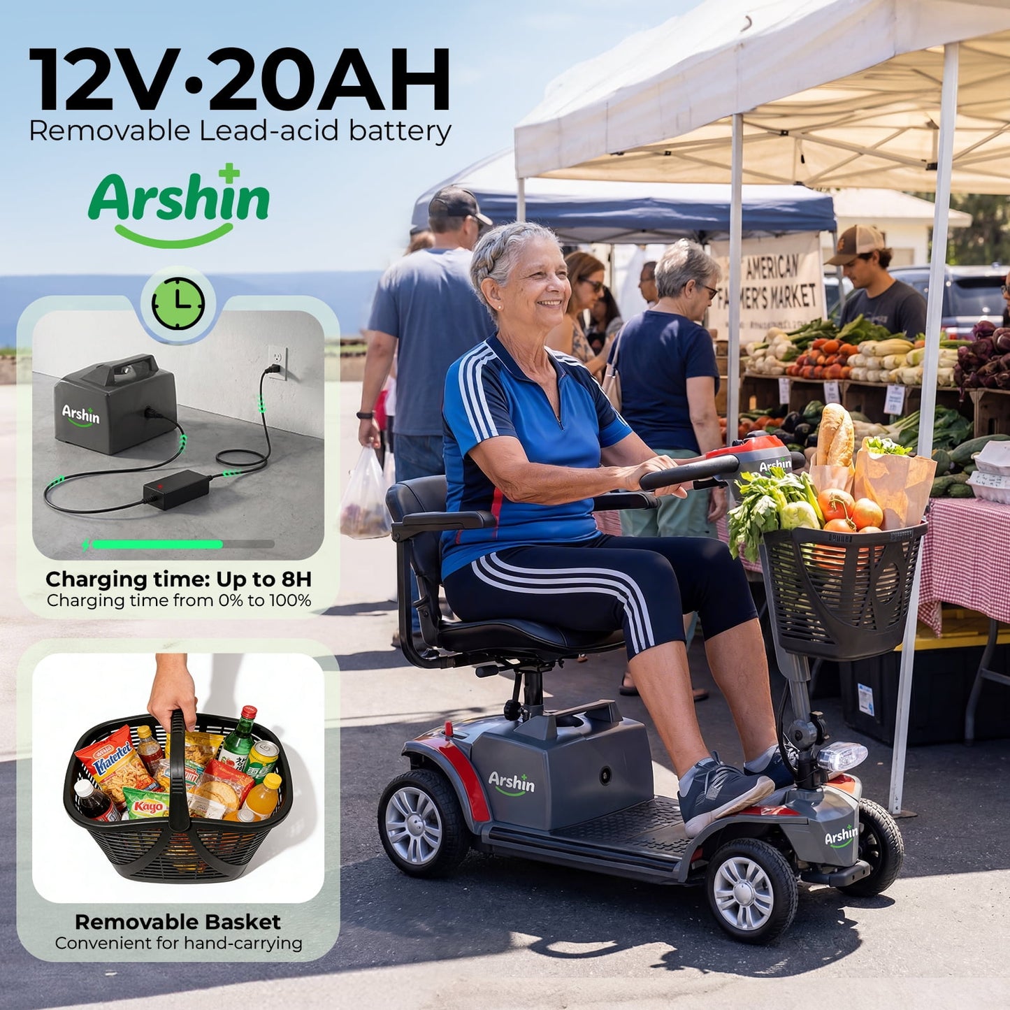 Arshin 4-Wheel Mobility Scooter for Seniors,Easy-to-Use,Foldable & Lightweight,300lbs,Red